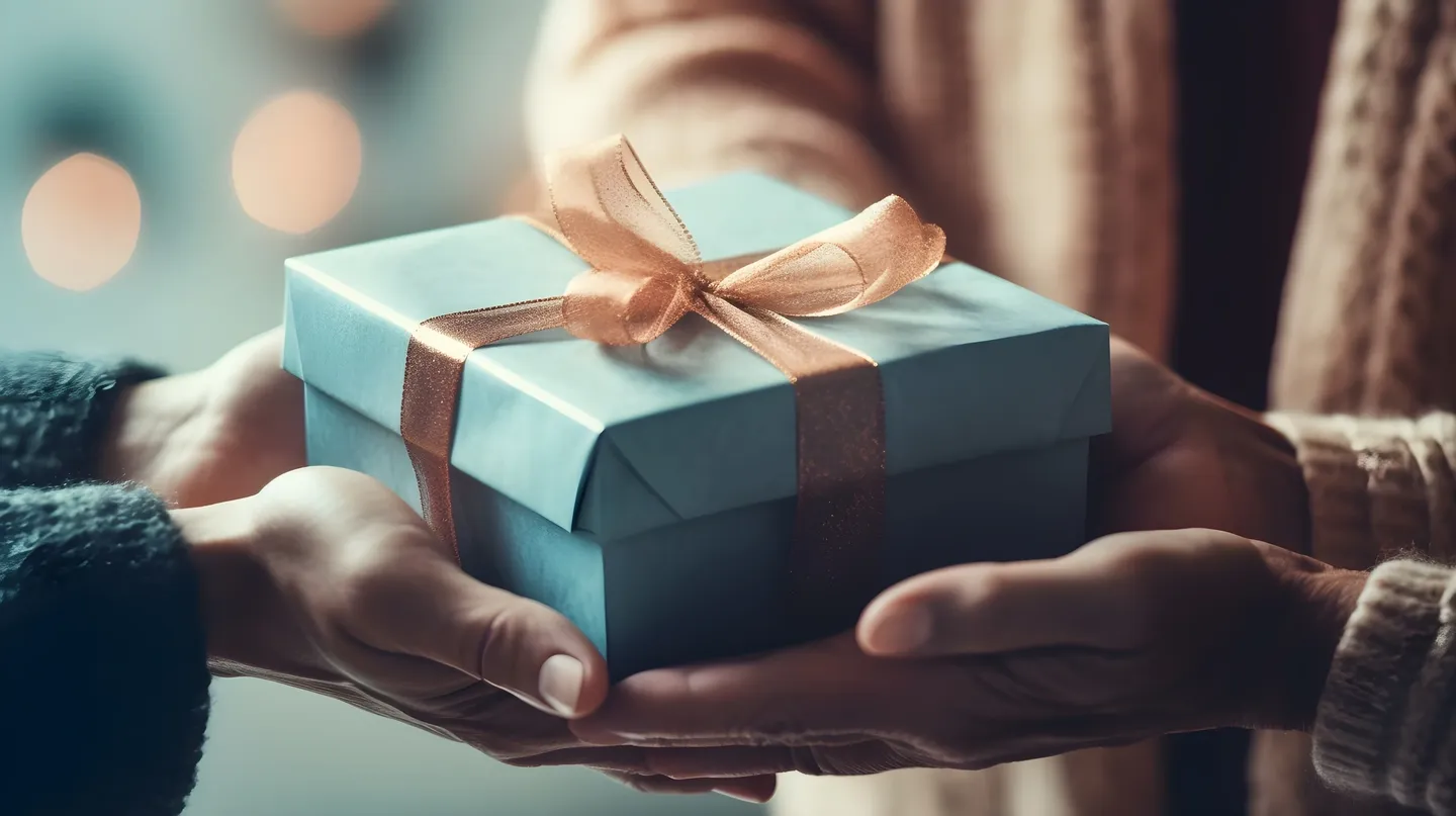 A person holding a blue gift box with a bow.