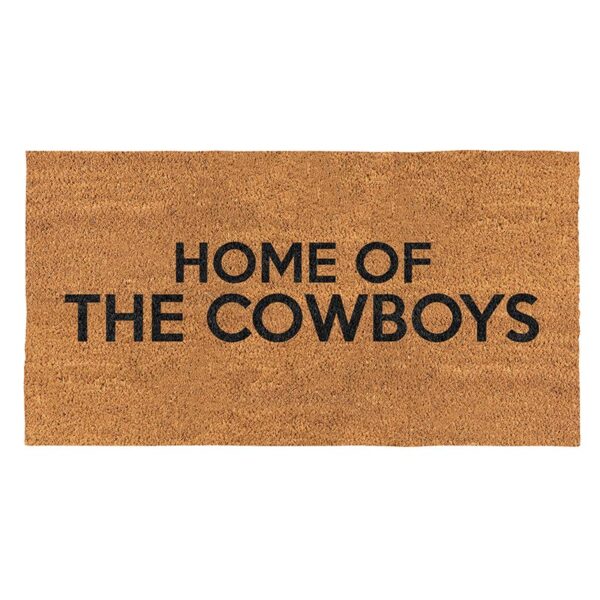 A brown door mat that says " home of the cowboys ".