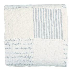 A white and blue quilt with words on it.