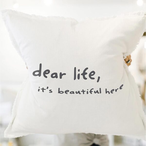 A pillow that says dear life it's beautiful here