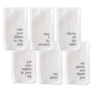 A set of six napkins with words on them.