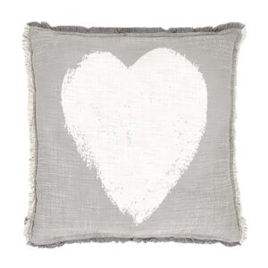 A grey and white heart pillow with fringed edges.