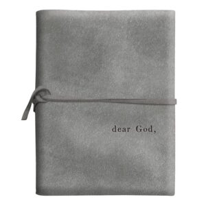 A gray leather journal with the words dear god written on it.