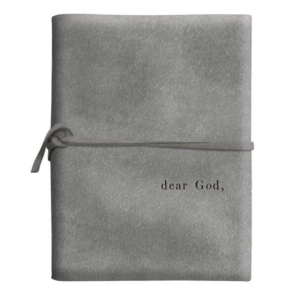 A gray leather journal with the words dear god written on it.