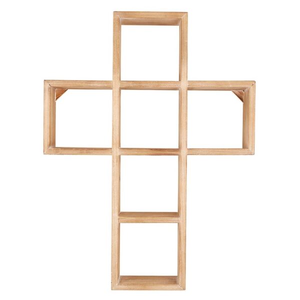 A cross shaped shelf with six shelves on top of it.