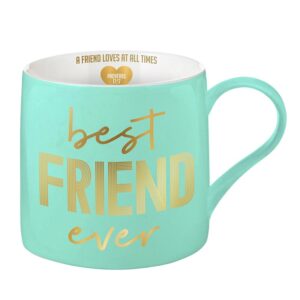 A mint green mug with the words best friend ever written in gold.