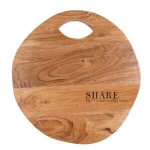 A wooden cutting board with the word " share " written on it.