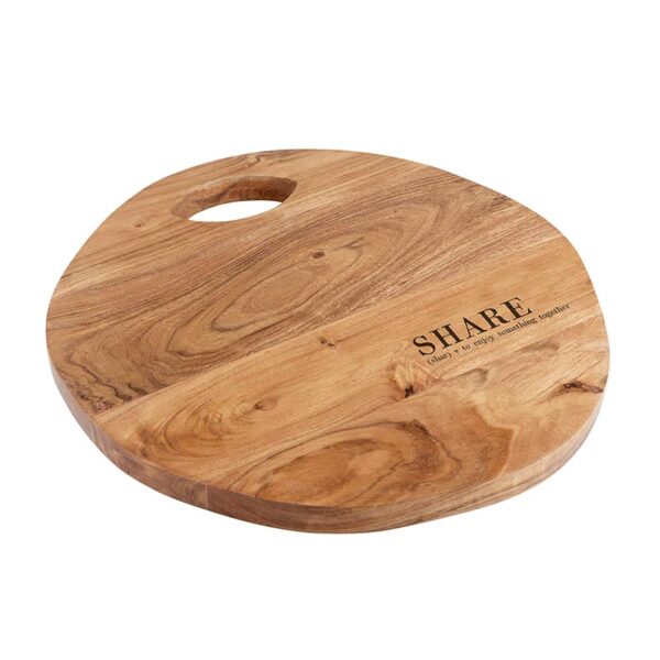 A wooden cutting board with the name " share ".