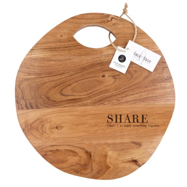 A wooden cutting board with the word " share " on it.