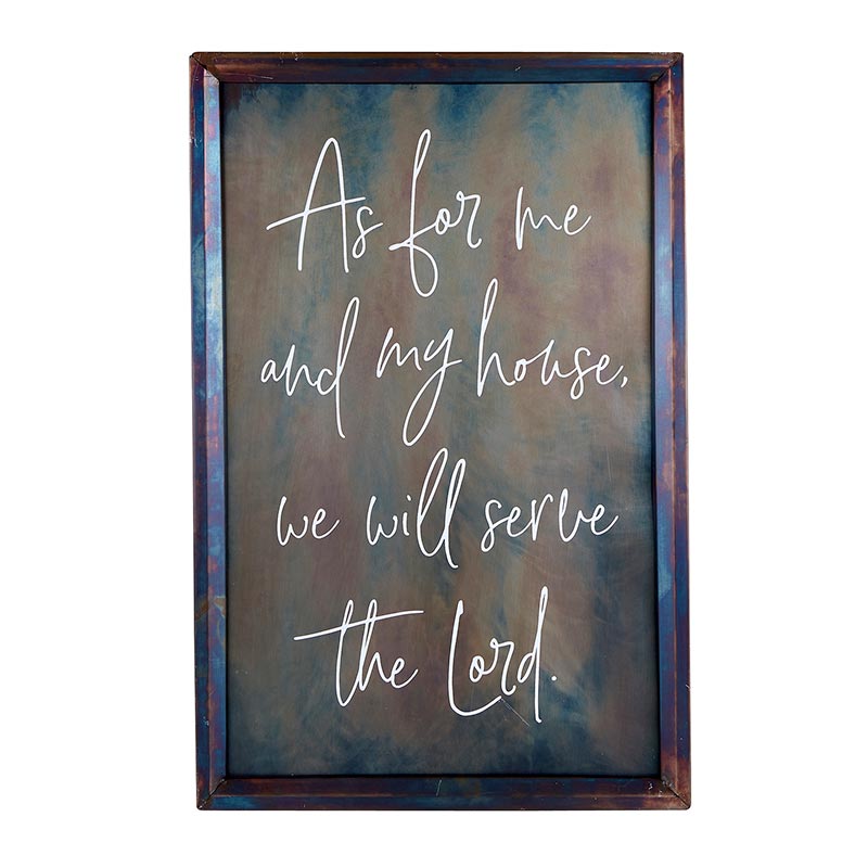 A framed sign with the words " as for me and my house, we will serve the lord ".