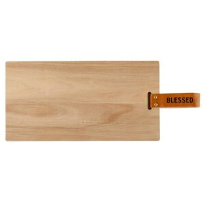 A wooden cutting board with a leather strap.