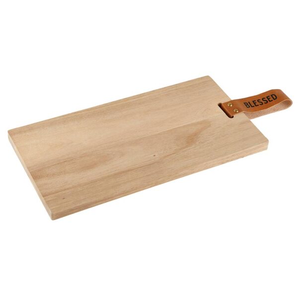 A wooden cutting board with a leather handle.