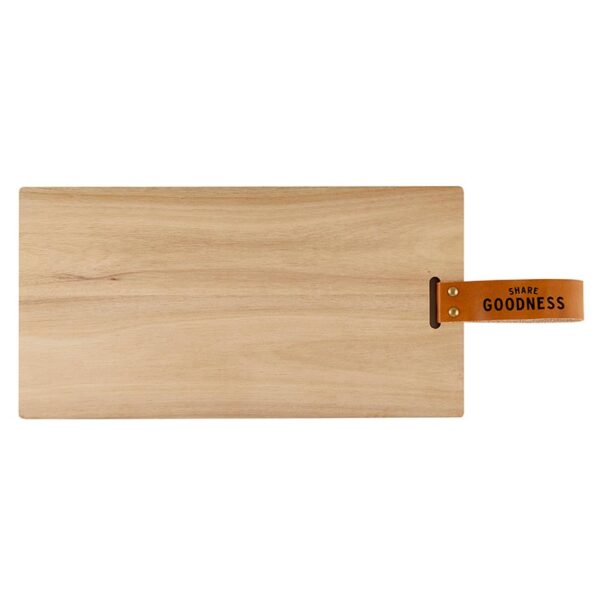 A wooden cutting board with a leather strap.