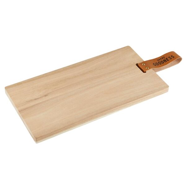 A wooden cutting board with leather handle.