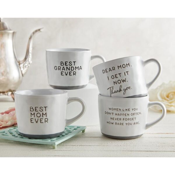 A stack of four coffee mugs with the words " best mom ever ".