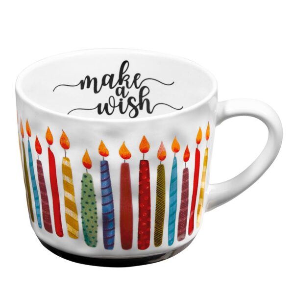 A coffee mug with candles and the words " make a wish ".