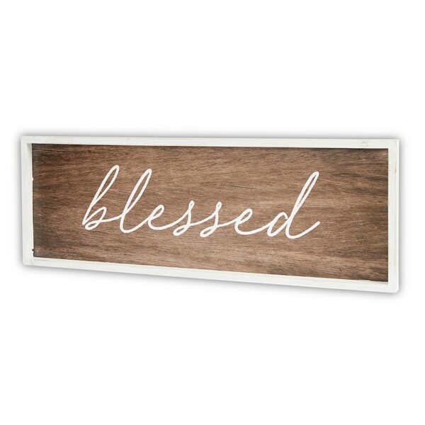 A wooden sign with the word blessed written on it.