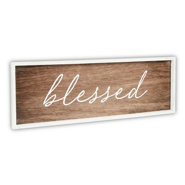 A wooden sign with the word blessed written on it.