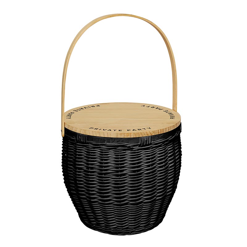 A black basket with a handle and lid.