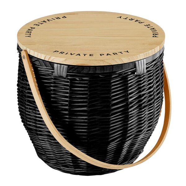 A black basket with a wooden lid and handle.