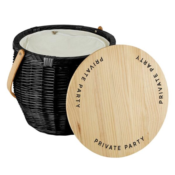 A black basket with a wooden lid and a round bamboo board.