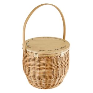 A wicker basket with a handle and lid.