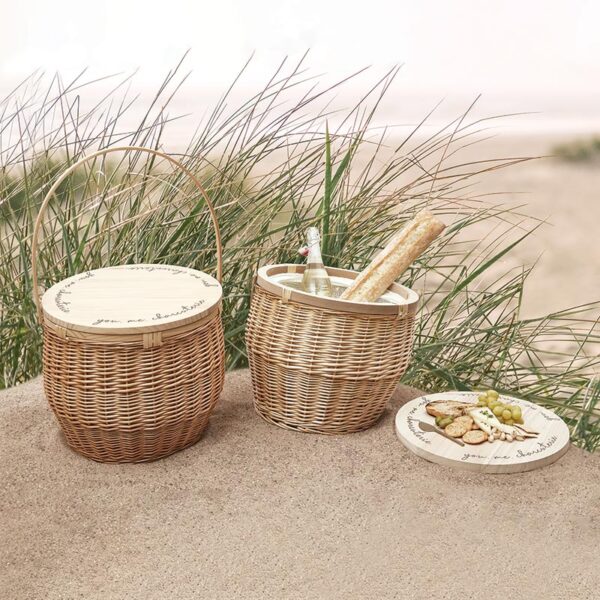 A couple of baskets sitting on top of the sand.