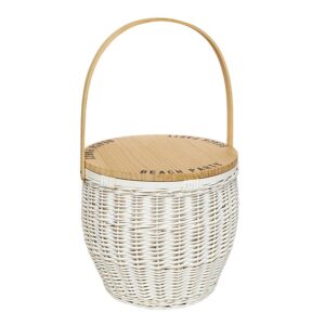 A white basket with a wooden lid and handle.