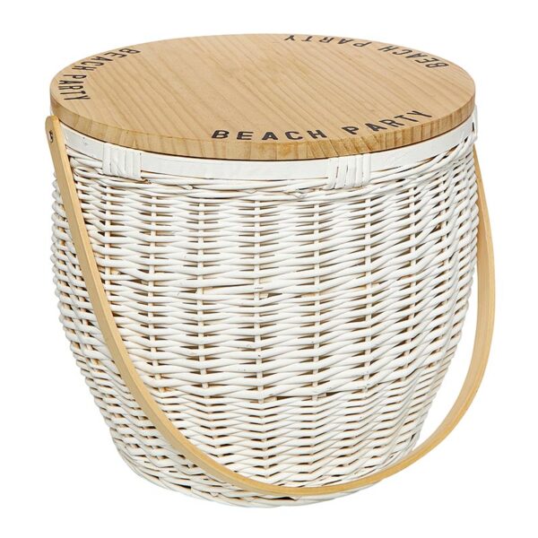 A white basket with a wooden lid and handles.