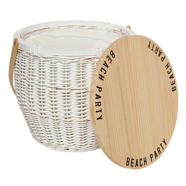 A white basket with a wooden lid and the words " beach party ".