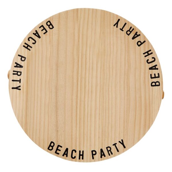 A wooden round with the words beach party written on it.