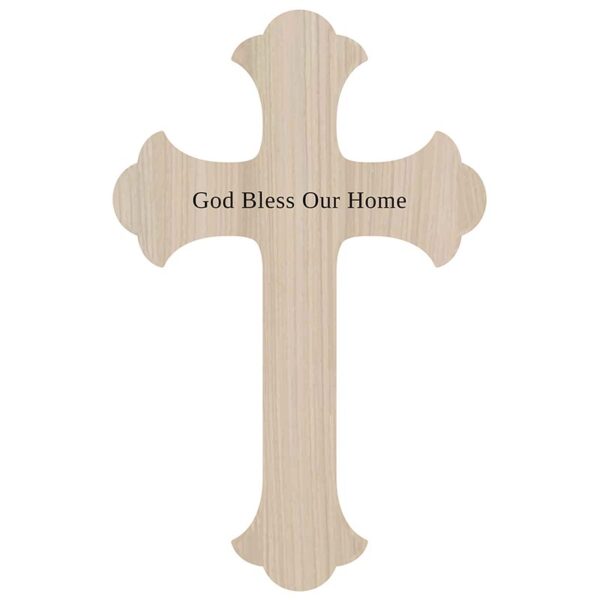 A wooden cross with the words god bless our home on it.