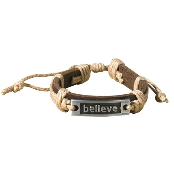 A brown bracelet with the word believe on it.