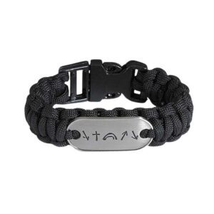 A black paracord bracelet with a metal tag.