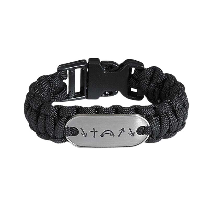 A black paracord bracelet with a metal tag.