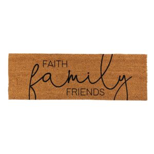 A brown door mat that says " faith family friends ".