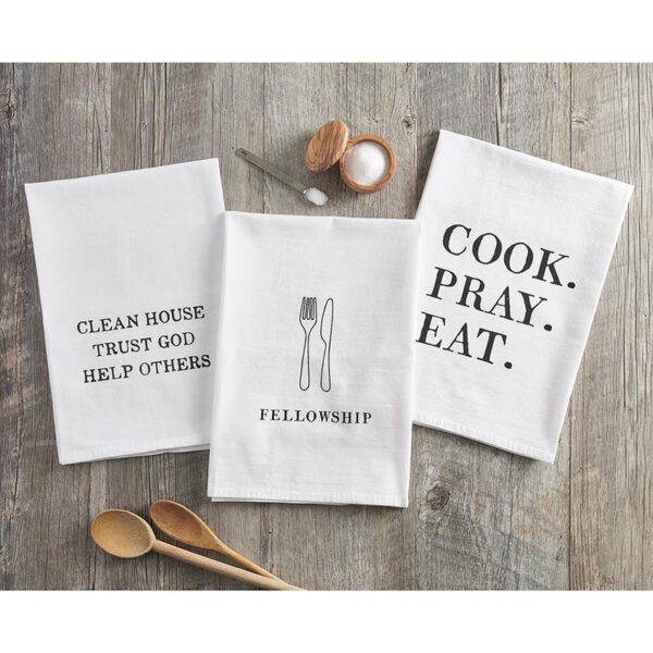 A set of four tea towels with different sayings.