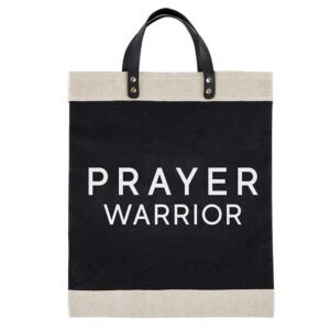 A black and white bag with the words prayer warrior on it.