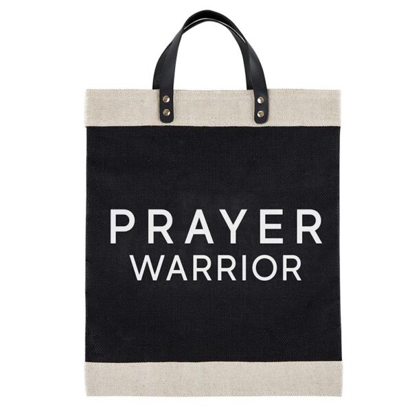 A black and white bag with the words prayer warrior on it.