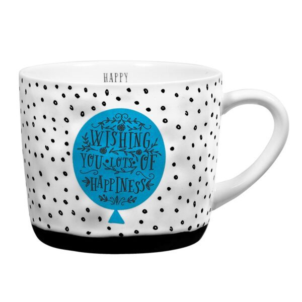 A white mug with black dots and blue lettering.