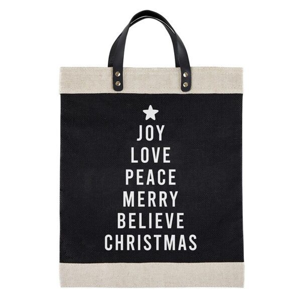 A black and white bag with the words " joy love peace merry believe christmas ".