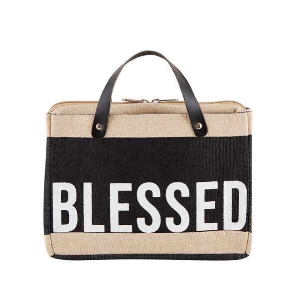 A bag that says blessed on it.