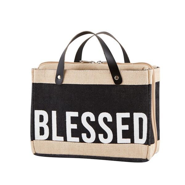 A bag that says blessed on it.