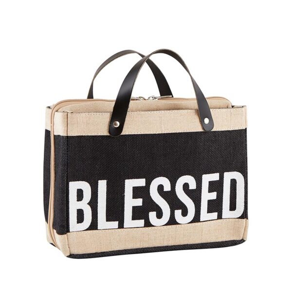 A bag that says blessed on it.