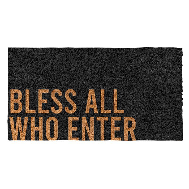 A black and orange doormat with the words " bless all who enter ".