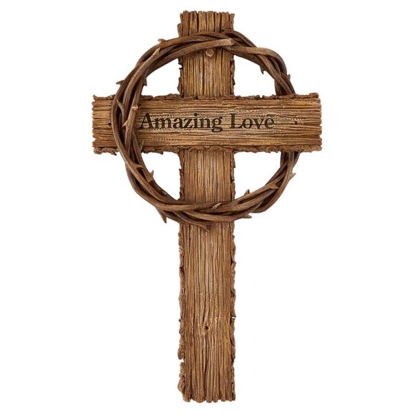 A cross with a crown of thorns and the words " amazing love ".