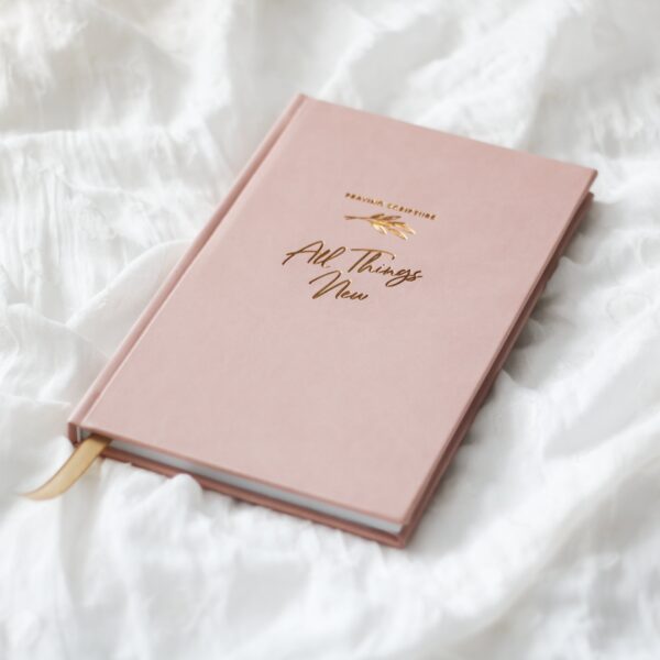 A pink book sitting on top of the bed.